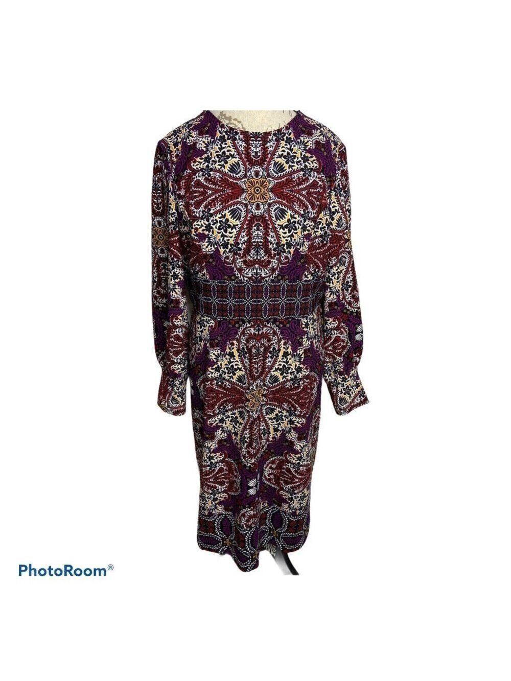 Chico's Long Sleeve Medallion Print Sheath Dress in Warm Colors Size 2 (10-12) - Picture 2 of 12